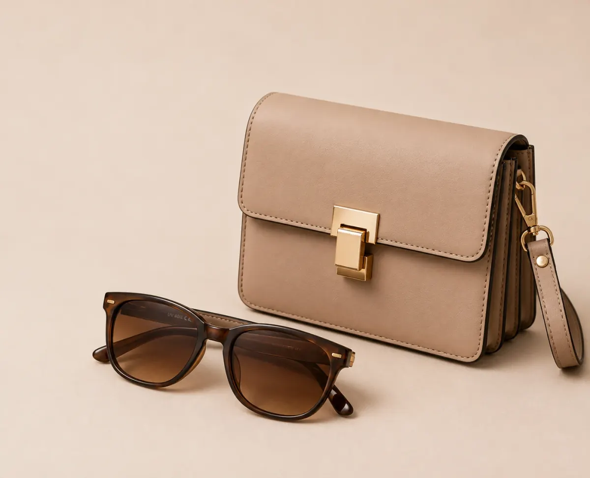 Beige leather handbag with sunglasses