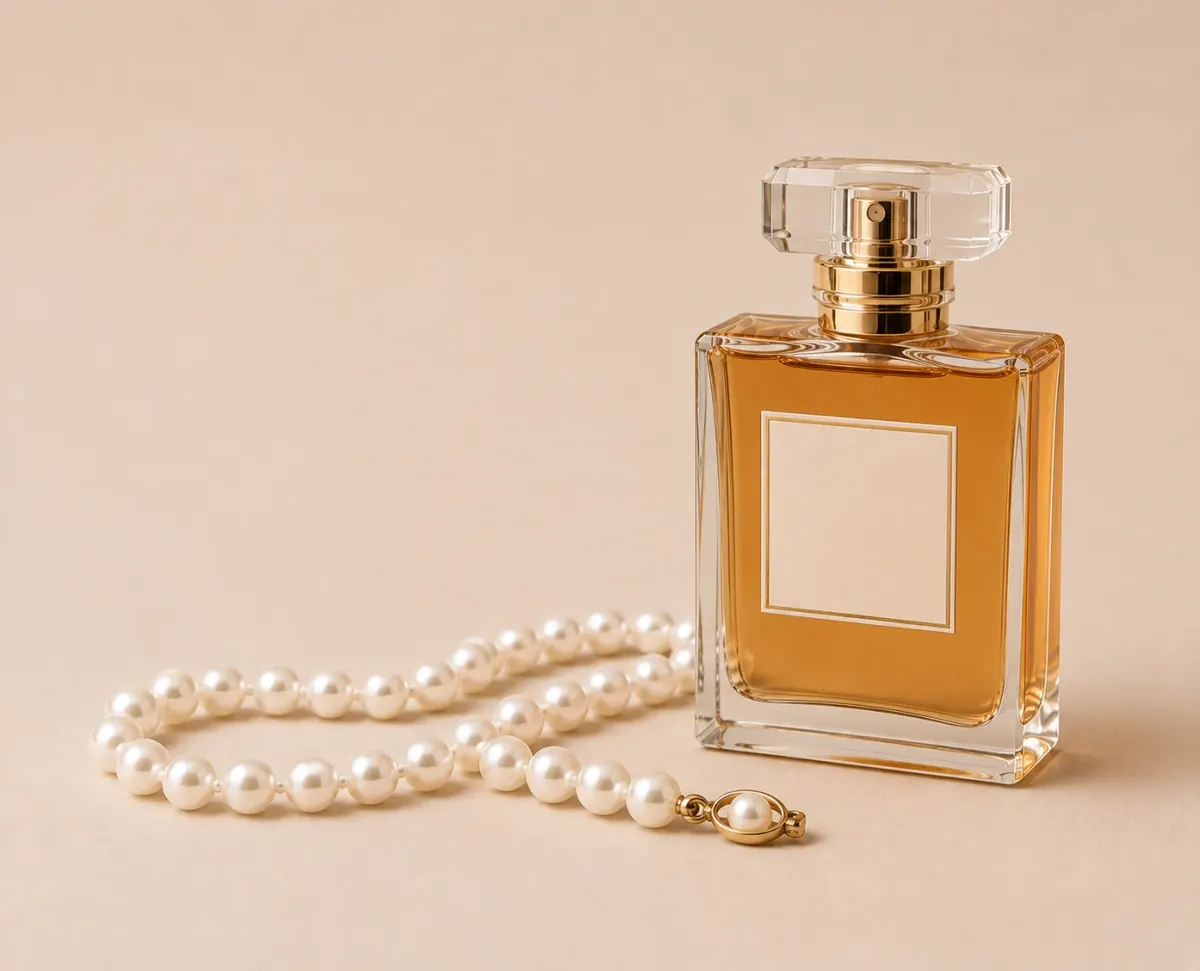 Perfume bottle with a pearl necklace