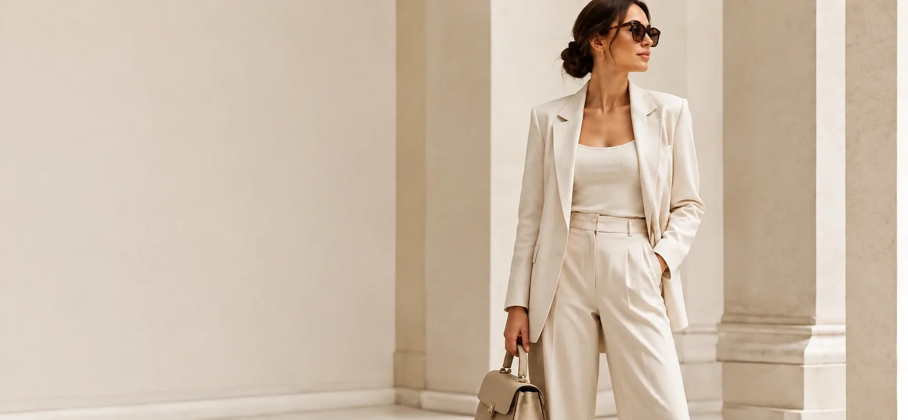 Woman in a cream suit with a beige handbag