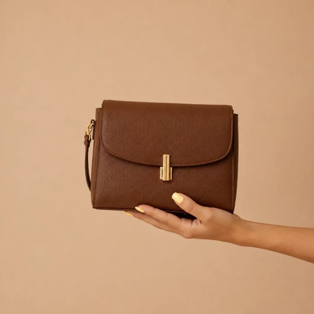 Brown leather handbag held in one hand