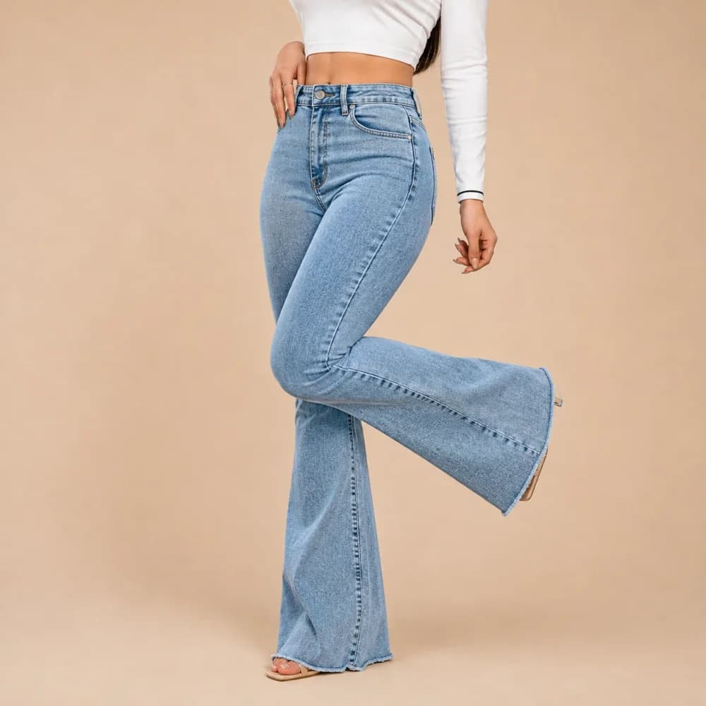 Light blue high-waisted flare jeans